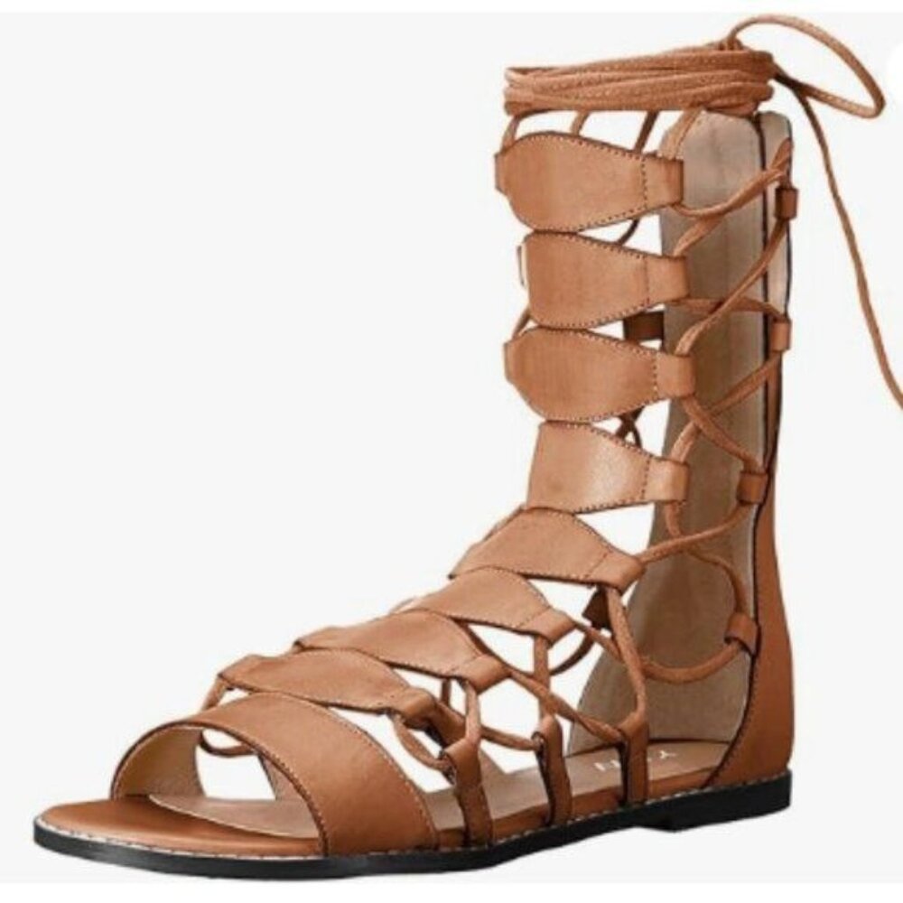 YDN Tan Ankle High Gladiator Sandals for Women Lace up Open toe Flats Zips Shoe